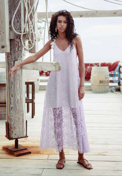 Abito lungo in pizzo celeste donna