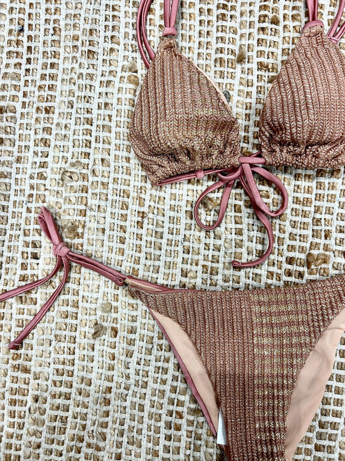 Bikini triangolo spigato oro rosa donna