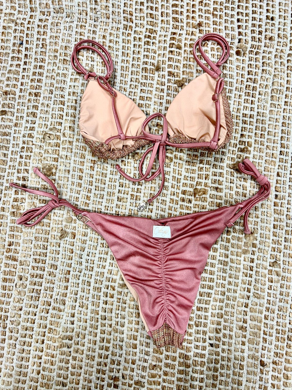 Bikini triangolo spigato oro rosa donna