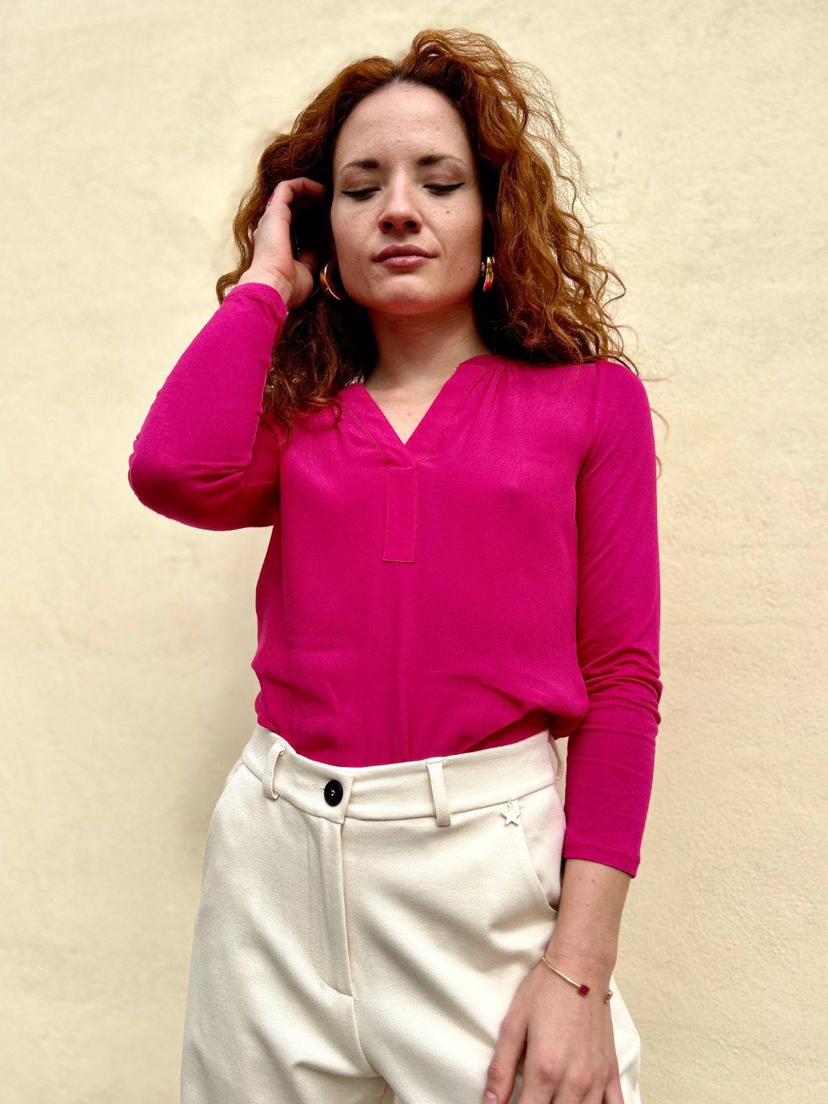 Blusa in viscosa e jersey fucsia