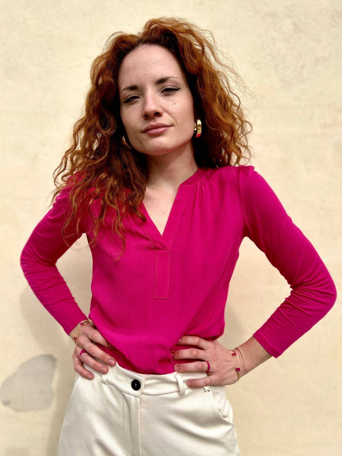 Blusa in viscosa e jersey fucsia