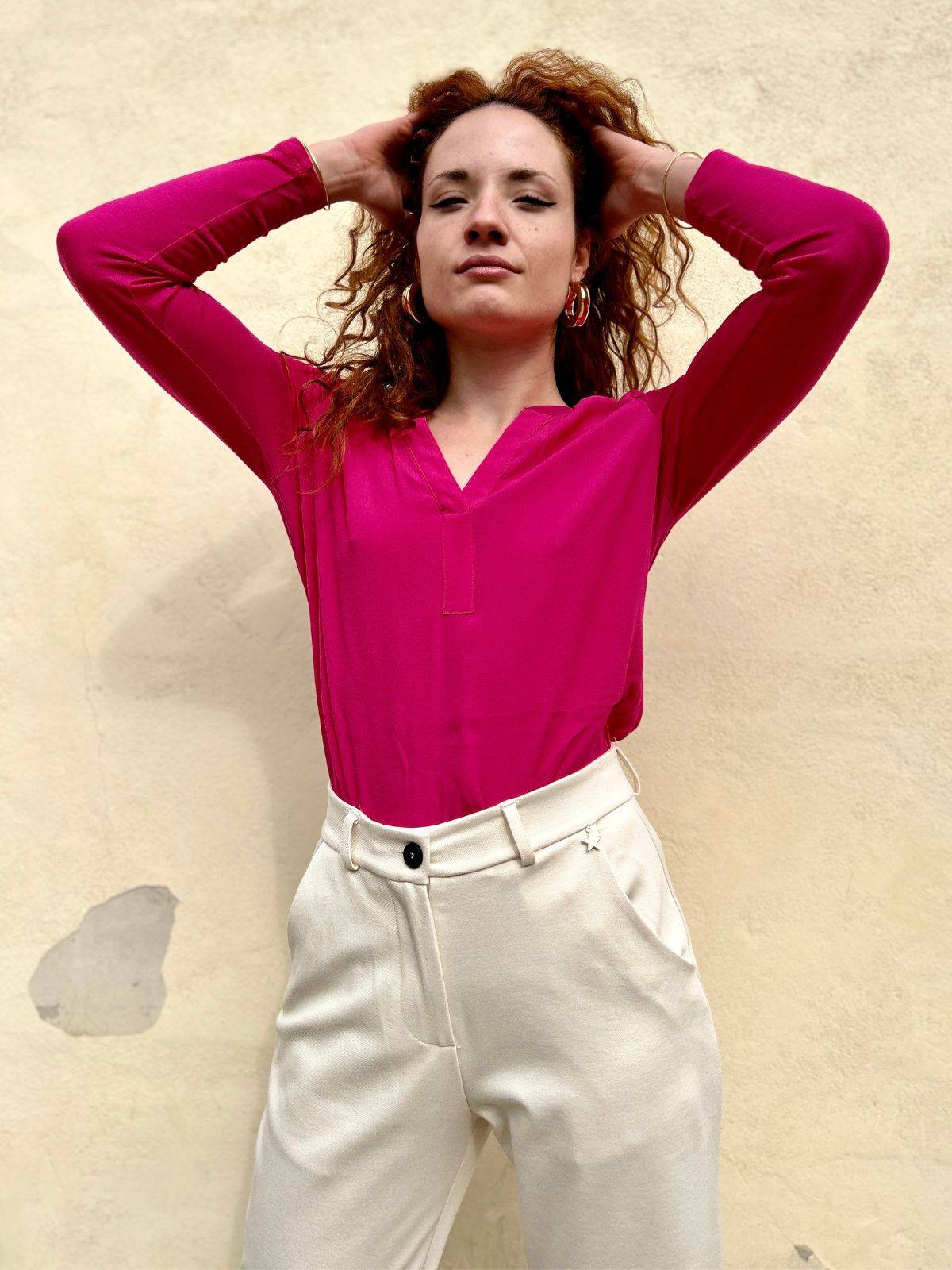 Blusa in viscosa e jersey fucsia