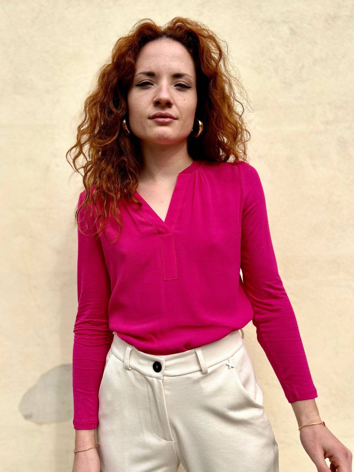 Blusa in viscosa e jersey fucsia