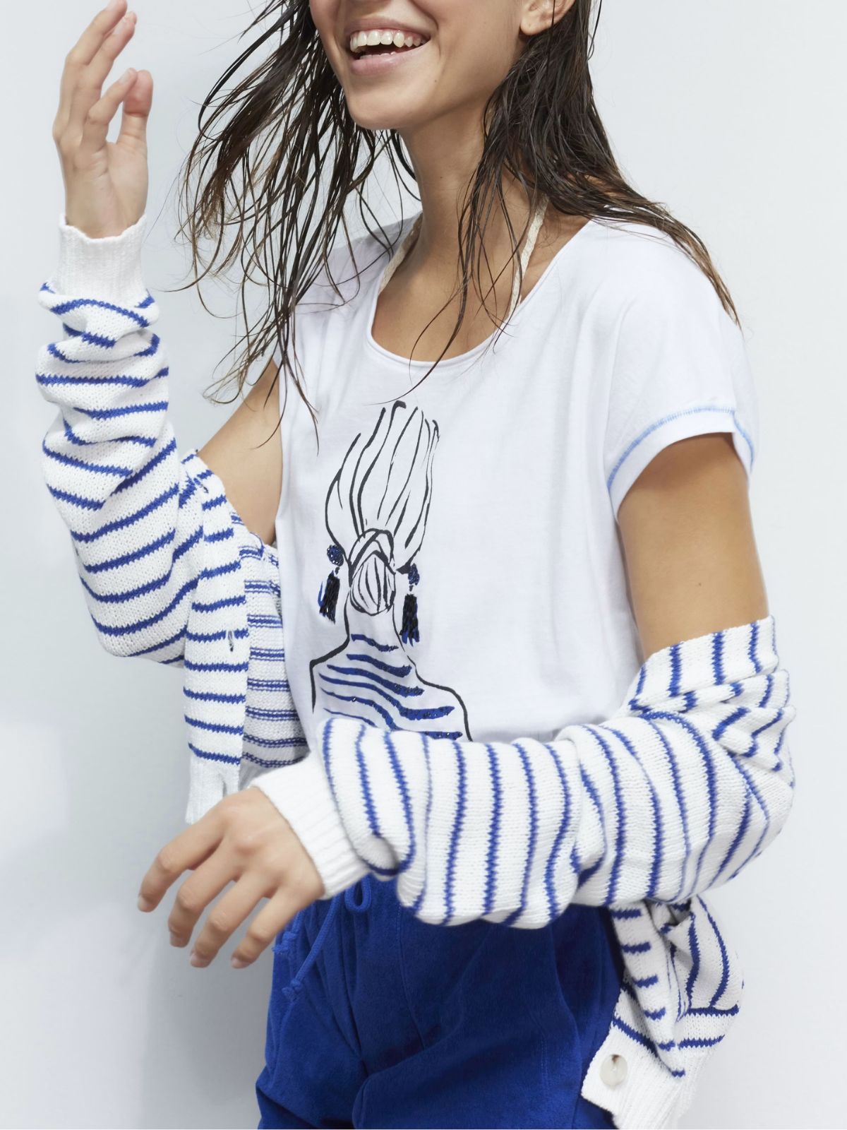 Cardigan panna a righe blu