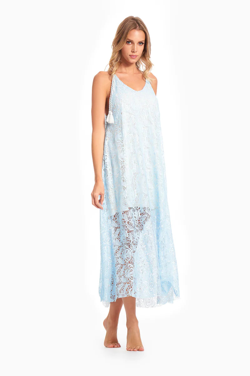 Abito lungo in pizzo celeste donna